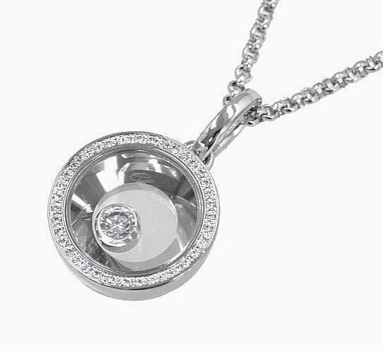 Chopard 18k White Gold Diamond Conical Pendant Necklace: Chopard 18k White Gold Diamond Conical Pendant Necklace Elevate your special occasions with the stunning Chopard 18k White Gold Diamond Conical Pendant Necklace, expertly crafted in Switzerland to sho