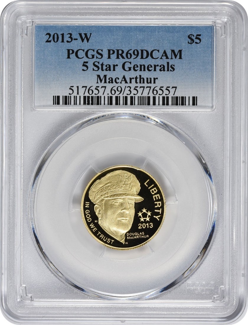 2013-W 5-Star Generals Commemorative $5 Gold PCGS PR69DCAM: 2013-W 5-Star Generals Commemorative $5 Gold PCGS PR69DCAM Experience the majesty of American numismatics with this stunning 2013-W 5-Star Generals Commemorative $5 Gold coin, certified by PCGS as PR6