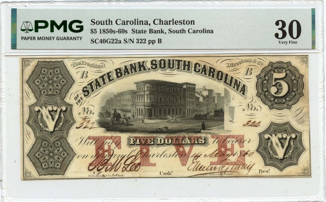 South Carolina Obsolete Note State Bank PMG VF30 - 1860 $5 Charleston: South Carolina Obsolete Note State Bank PMG VF30 - 1860 $5 Charleston Experience the rich history of Charleston, South Carolina with this 1860 $5 note from the State Bank, graded VF30 by PMG. As one o