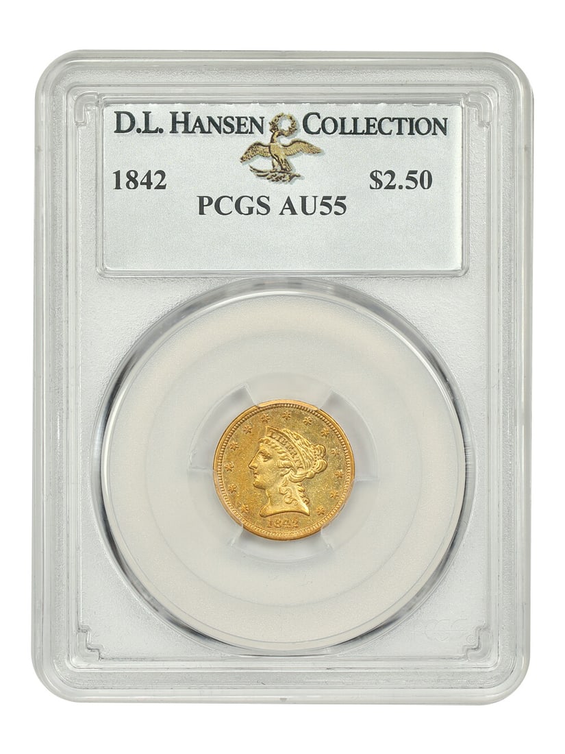 Liberty Head $2.50 (PCGS AU55) Ex: D.L. Hansen: Liberty Head $2.50 (PCGS AU55) Ex: D.L. Hansen A rare and highly sought-after Liberty Head $2.50 coin, graded AU55 by PCGS, is up for auction. Certified as circulated, this 1842 gold piece boasts a st
