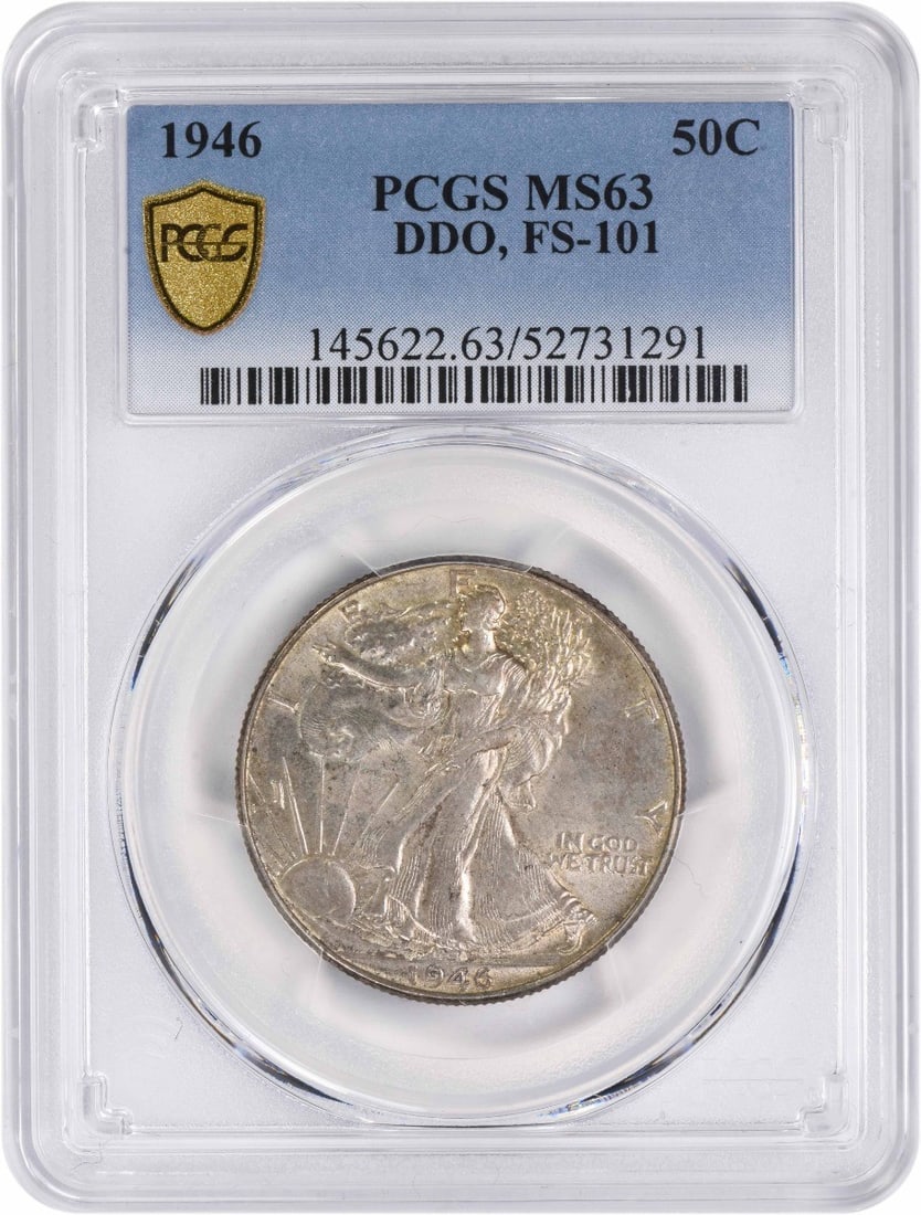 1946 Walking Liberty Half Dollar, MS63, PCGS FS-101: 1946 Walking Liberty Half Dollar, MS63, PCGS FS-101 Experience the iconic design of Adolph Alexander Weinman's Walking Liberty Half Dollar, minted in 1946 and certified by PCGS as MS63. This stunning