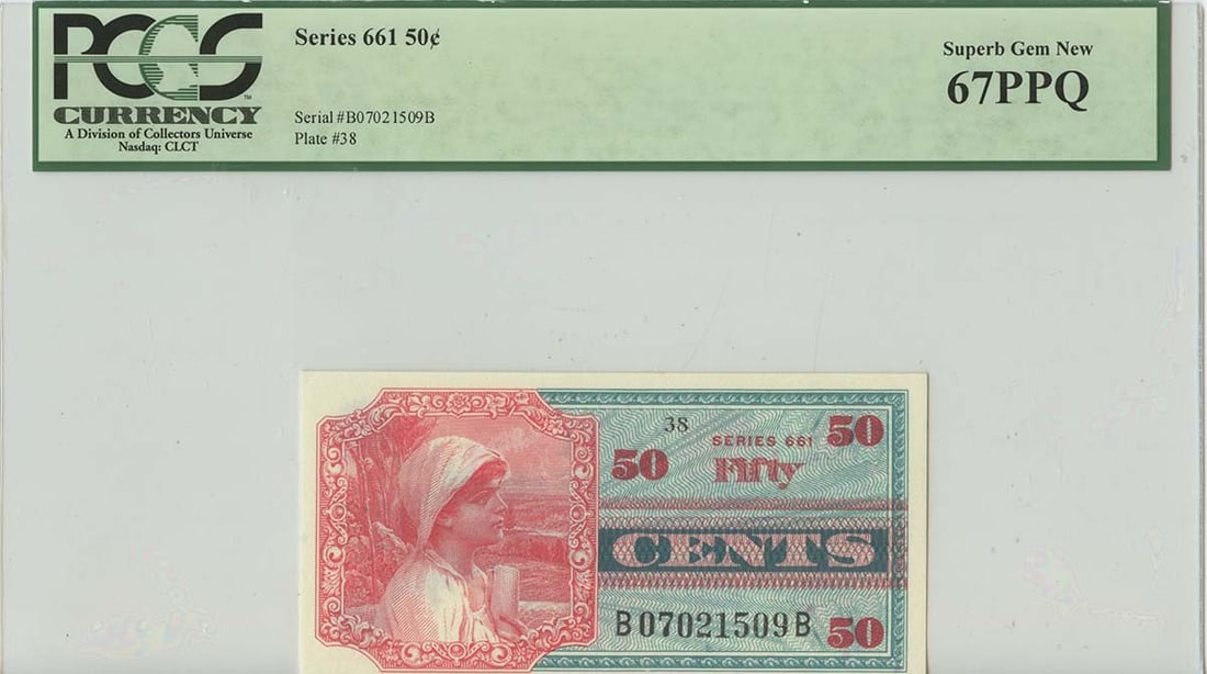 PPQ Series 661 50 Cents Military Payment PCGS Superb Gem 67: PPQ Series 661 50 Cents Military Payment PCGS Superb Gem 67 A rare and highly sought-after piece of American numismatic history, the PPQ Series 661 50 Cents Military Payment graded MS67 by PCGS is an