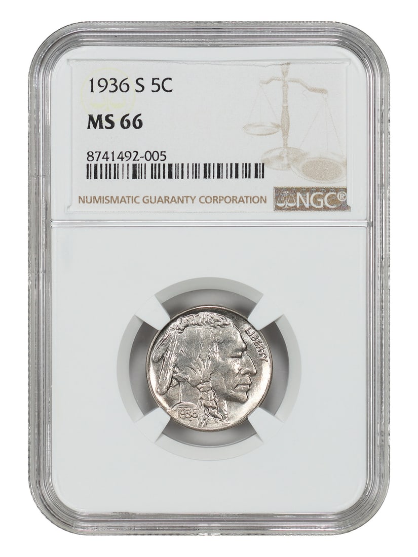 Buffalo Nickel - 1936-S 5C NGC MS66: Buffalo Nickel - 1936-S 5C NGC MS66 A rare and highly sought-after Buffalo Nickel, the 1936-S is a stunning example of American coinage, boasting an MS66 grade from the esteemed NGC. Minted in San Fra
