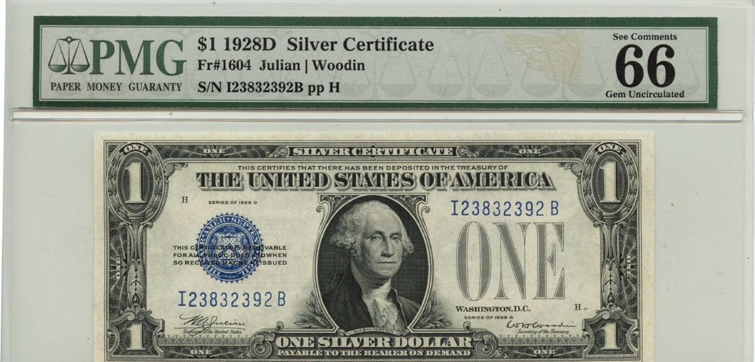 1928D $1 Silver Certificate with Blue Seal, PMG Gem66 EPQ: 1928D $1 Silver Certificate with Blue Seal, PMG Gem66 EPQ A rare and highly sought-after 1928D $1 Silver Certificate, certified by PMG as MS66 Gem Uncirculated, boasts a stunning blue seal and is in e