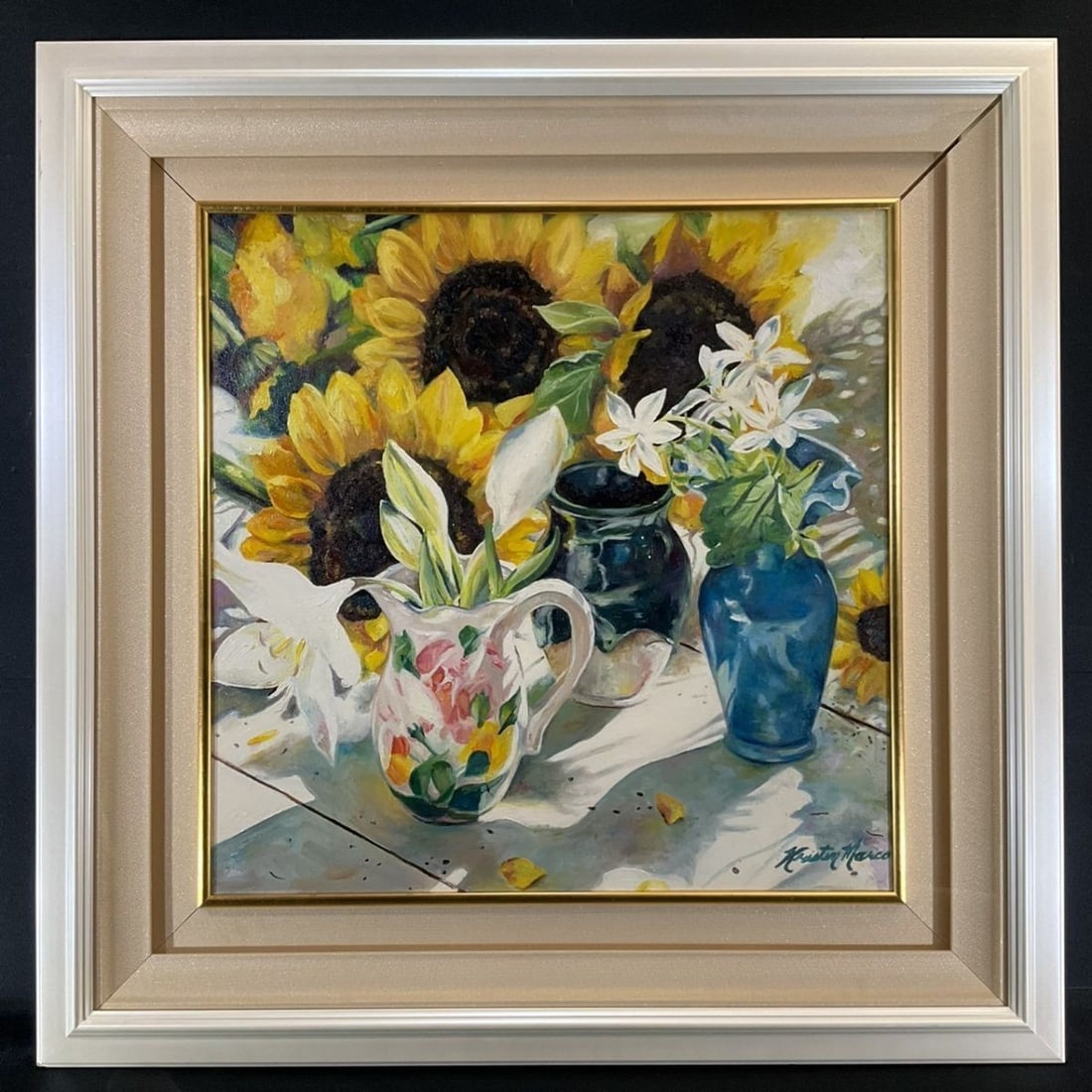 Kristin Marco Original Oil Painting - Sunflower Celebration (Large, Framed, Signed): Kristin Marco Original Oil Painting - Sunflower Celebration (Large, Framed, Signed) Experience the vibrant energy of Kristin Marco's original oil painting, Sunflower Celebration, a stunning contempora