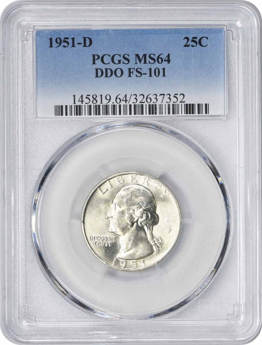 1951-D Washington Silver Quarter MS64 PCGS FS-101: 1951-D Washington Silver Quarter MS64 PCGS FS-101 Experience the beauty of American numismatics with this stunning 1951-D Washington Silver Quarter, graded MS64 by PCGS and certified as FS-101. With i