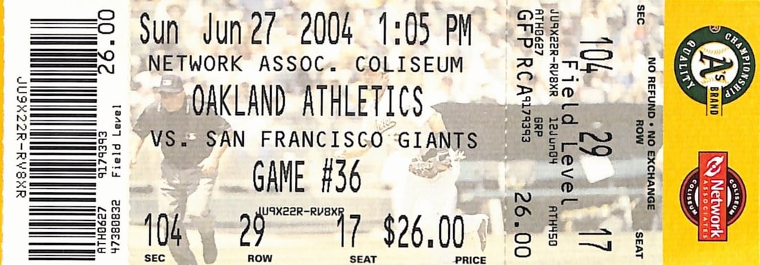 187606 Barry Bonds Homerun #677 Run Scored #2000 Full Ticket Giants 6/ 27/ 2004 (1 of 2)