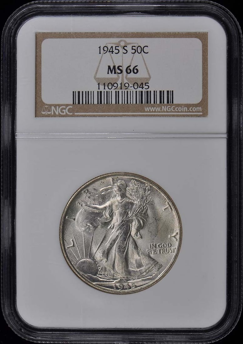 1945-S Walking Liberty Half Dollar (50c) MS66: 1945-S Walking Liberty Half Dollar (50c) MS66 Experience the iconic design of the 1945-S Walking Liberty Half Dollar, certified MS66 by the Numismatic Guaranty Corporation (NGC). This uncirculated coi
