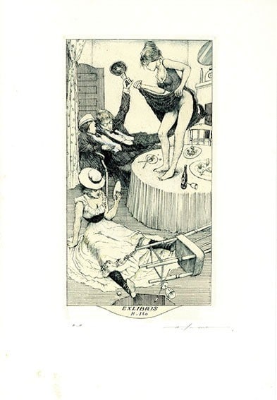 Signe Alphonse Inoue Ex Libris EA Edition Hand Colored Copperplate Print Japan: Signe Alphonse Inoue Ex Libris EA Edition Hand Colored Copperplate Print Japan A stunning hand-colored copperplate print by renowned Japanese artist Alphonse Inoue, this Ex Libris EA Edition is a mast