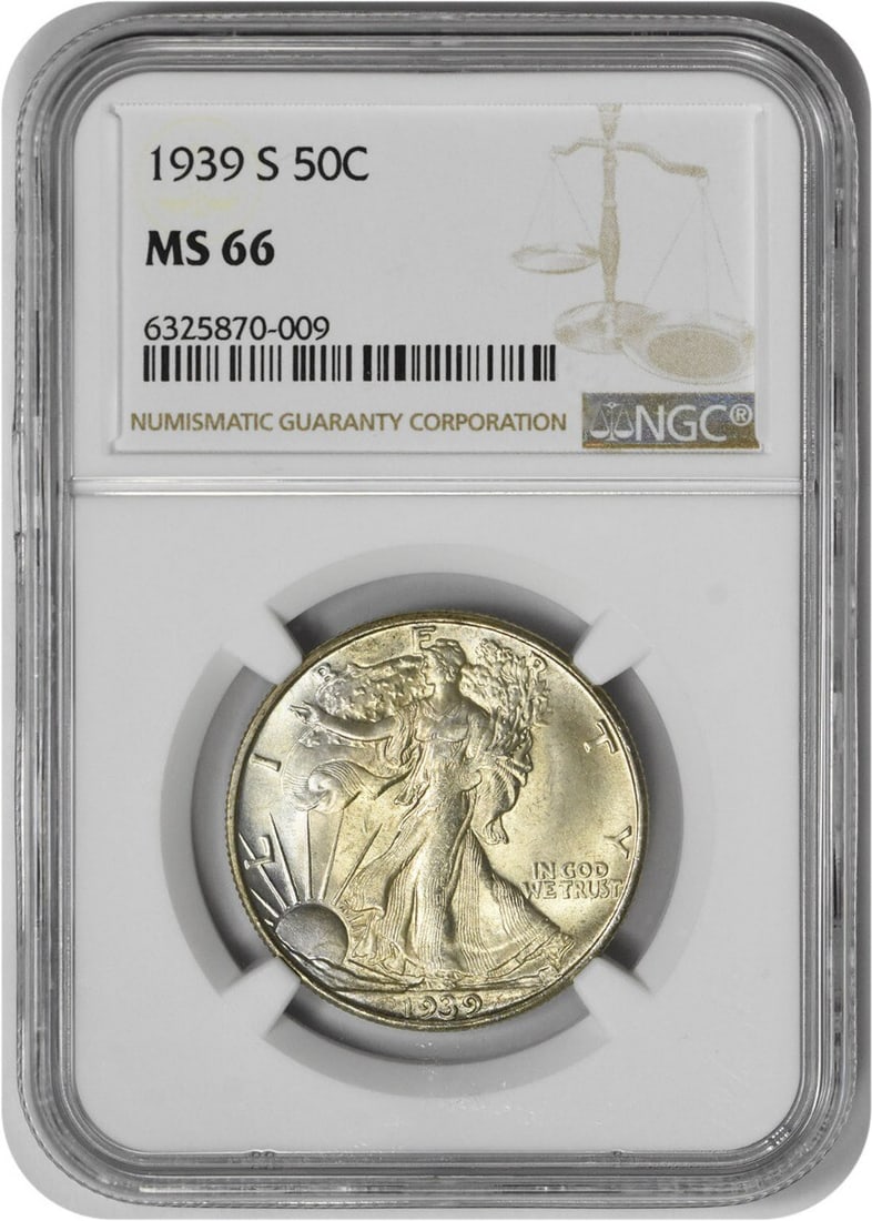 NGC 1939-S Walking Liberty Half Dollar MS66: NGC 1939-S Walking Liberty Half Dollar MS66 Experience the iconic design of Adolph Alexander Weinman's Walking Liberty Half Dollar in stunning MS66 condition, certified by NGC and minted in 1939 at th