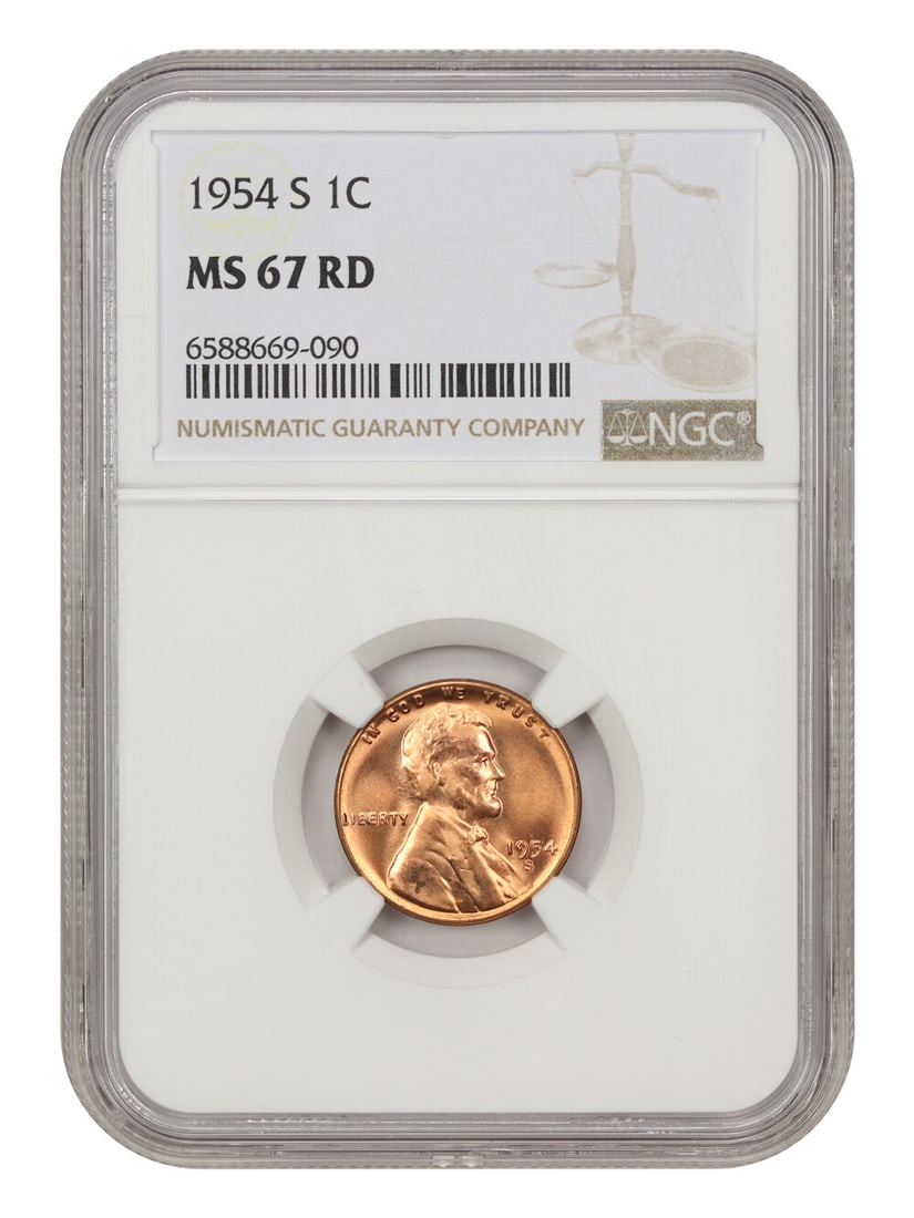 RD 1954-S 1c NGC MS67: RD 1954-S 1c NGC MS67 Experience the rarest of American coins with the 1954-S RD 1c MS67, certified by NGC and graded at an exceptional 67. This stunning example of Lincoln's Wheat Reverse design is a