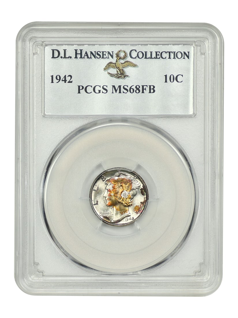 1942 10C PCGS MS68FB Ex D.L. Hansen: 1942 10C PCGS MS68FB Ex D.L. Hansen A stunning example of American numismatics, this 1942 Mercury dime boasts an impressive PCGS MS68FB grade, indicating exceptional condition and luster. Certified by