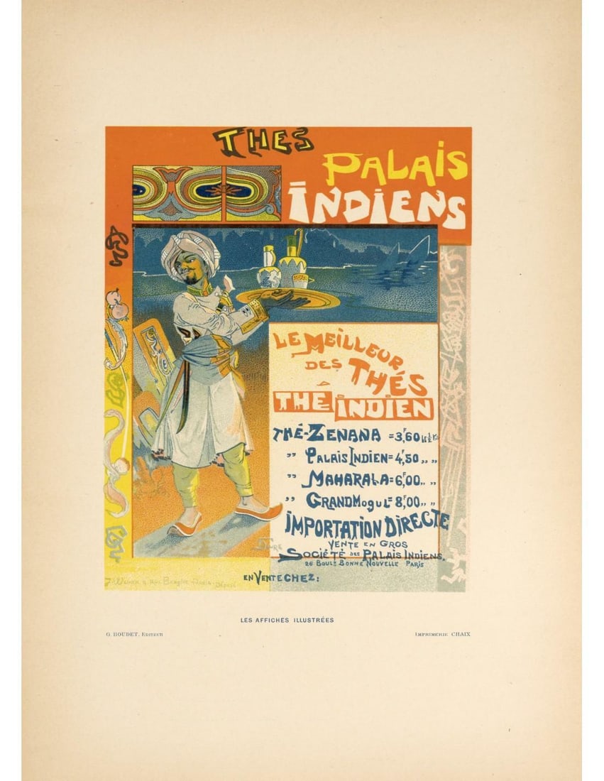 1896 Original Vintage Poster Thes Palais Indien For Affiches Illustrees: 1896 Original Vintage Poster Thes Palais Indien For Affiches Illustrees Experience the elegance of Art Nouveau with this stunning 1896 vintage poster, Thes Palais Indien For Affiches Illustrees. Creat