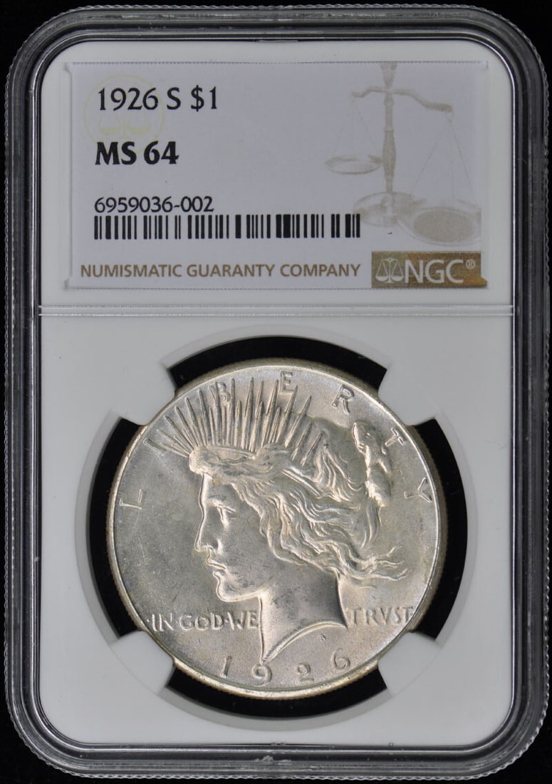 1926-S Peace Dollar $1 MS64: 1926-S Peace Dollar $1 MS64 A rare and highly sought-after 1926-S Peace Dollar, graded MS64 by the NGC, boasts stunning mint state condition with minimal wear. As one of the last coins produced during