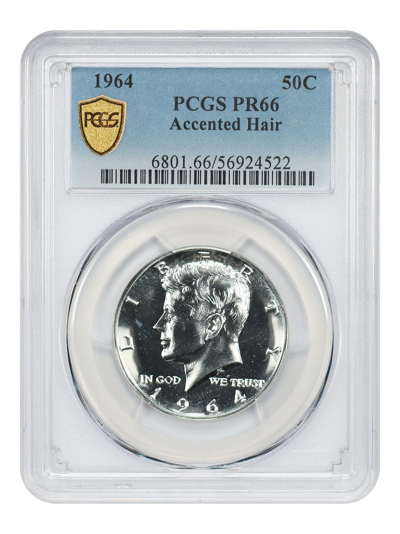 1964 50C PCGS PR66 (Accented Hair) - Kennedy Half Dollar Popular Variety: 1964 50C PCGS PR66 (Accented Hair) - Kennedy Half Dollar Popular Variety Experience the iconic Kennedy Half Dollar in near-mint condition with this stunning 1964 coin, graded PR66 by PCGS and boasting