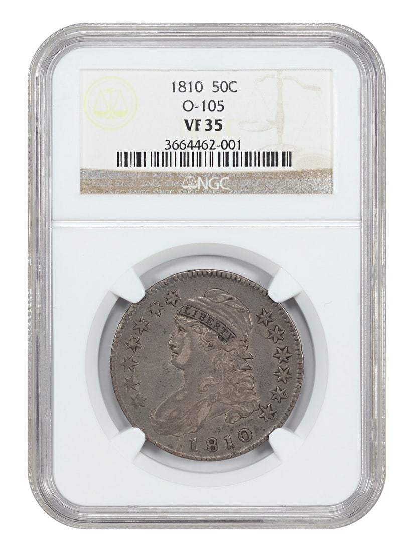 Capped Bust Half Dollar - 1810 50C NGC VF35 (Overton-105): Capped Bust Half Dollar - 1810 50C NGC VF35 (Overton-105) Experience the rich history of American coinage with this 1810 Capped Bust Half Dollar, certified by NGC and graded VF35. Struck in Philadelph