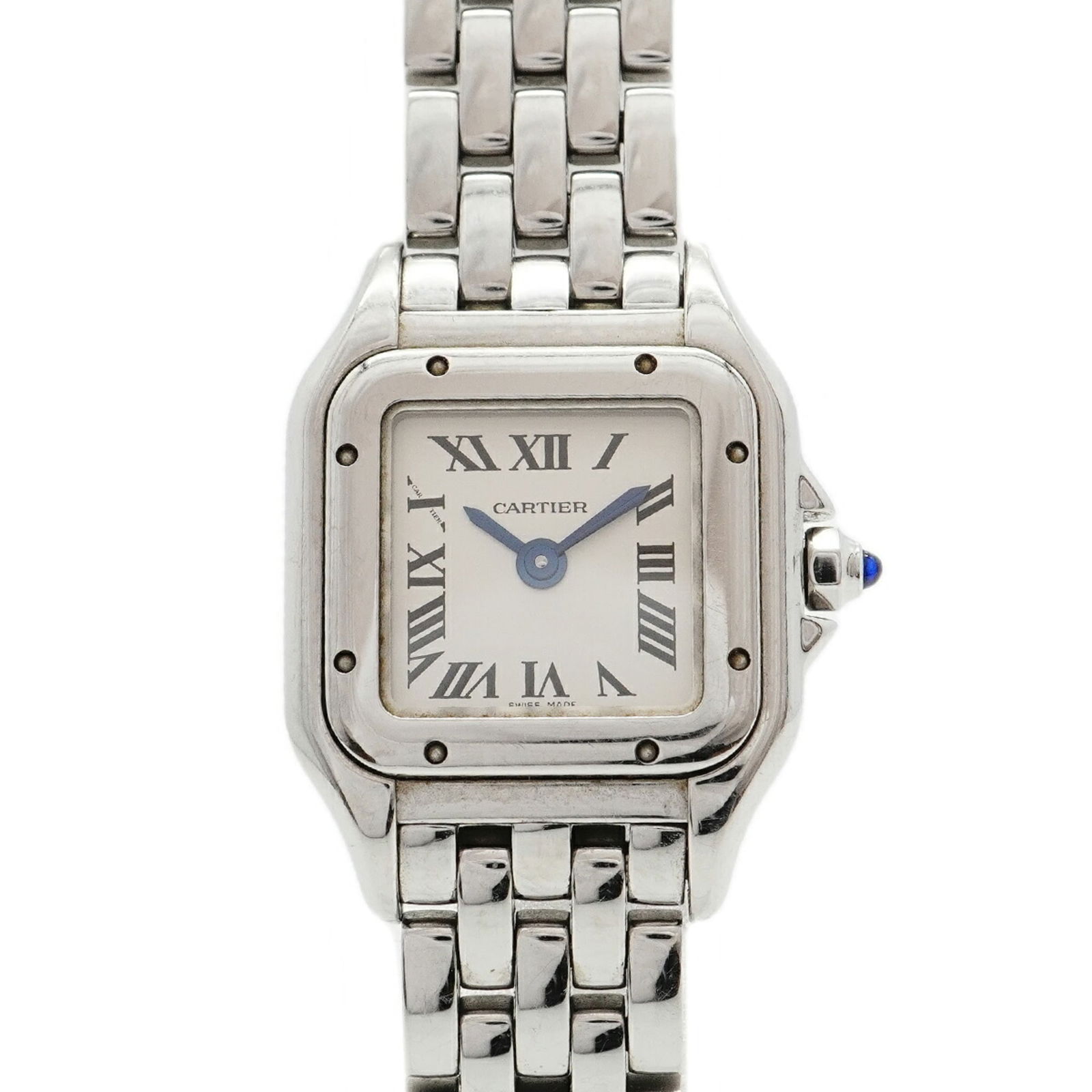 Wristwatch Cartier: Wristwatch Cartier A stunning Cartier wristwatch, with its sleek silver dial and stainless steel band, exudes timeless elegance. With a 14cm adjustable band and 18.5mm case diameter, this watch is des
