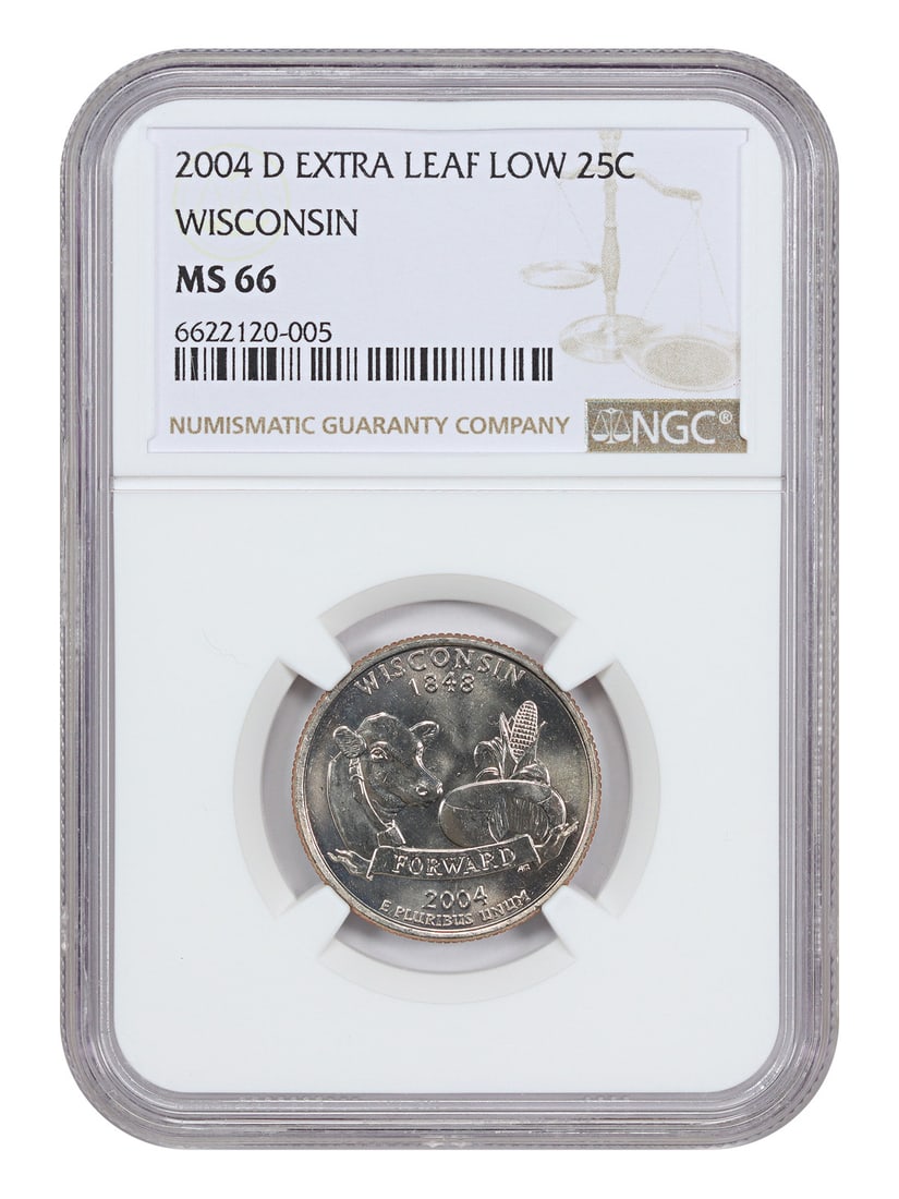 Washington 50 States Quarters - 2004-D 25C Wisconsin NGC MS66 (Extra Leaf Low): Washington 50 States Quarters - 2004-D 25C Wisconsin NGC MS66 (Extra Leaf Low) A highly sought-after addition to any coin collection, the 2004-D Wisconsin Quarter is certified by the NGC at MS66, with