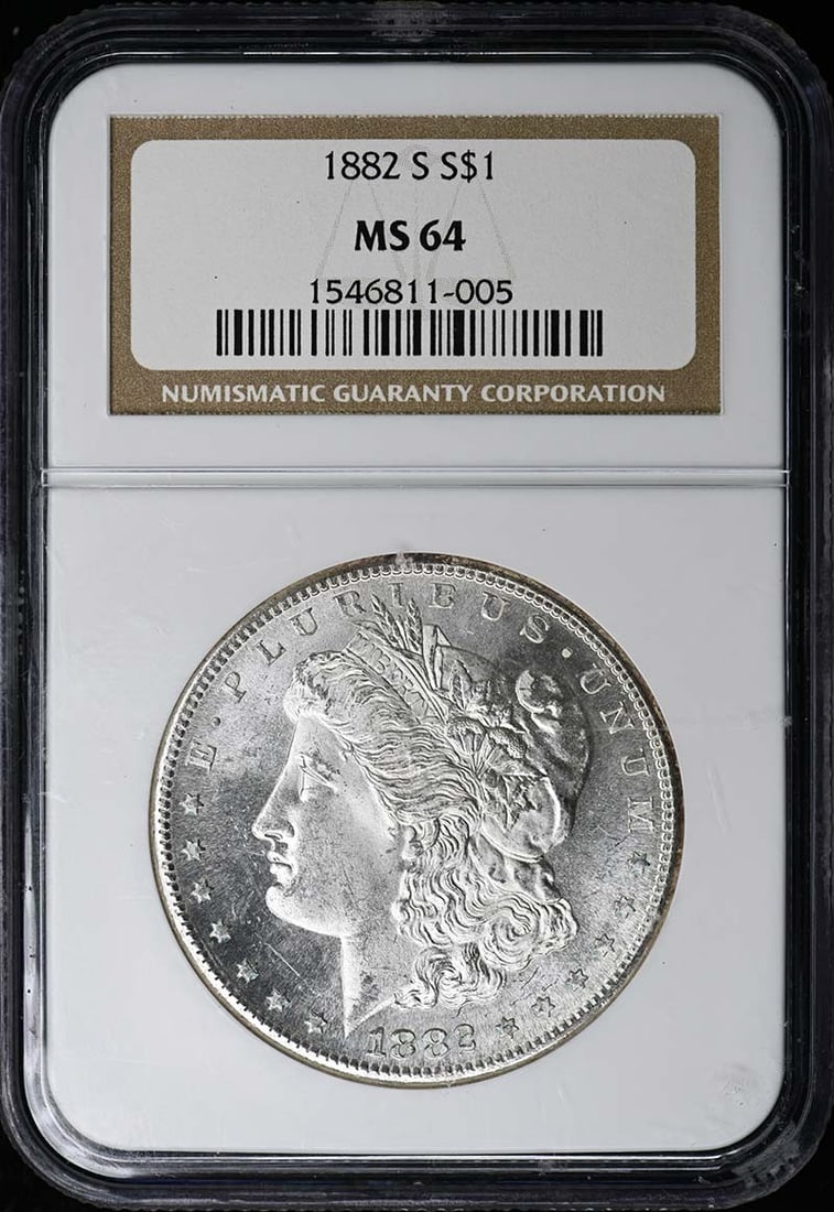 1882-S Morgan Dollar, NGC MS64: 1882-S Morgan Dollar, NGC MS64 Experience the beauty of an 1882-S Morgan Dollar, certified by the Numismatic Guaranty Corporation (NGC) as MS64, one of the highest grades for circulated coins. This ra