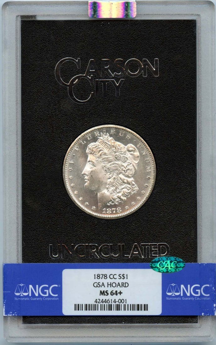 1878-CC Morgan Dollar GSA Hoard, NGC MS64+, CAC: 1878-CC Morgan Dollar GSA Hoard, NGC MS64+, CAC Experience the majesty of the 1878-CC Morgan Dollar, certified by the Numismatic Guaranty Corporation (NGC) as MS64+, and backed by the Coin Authenticat