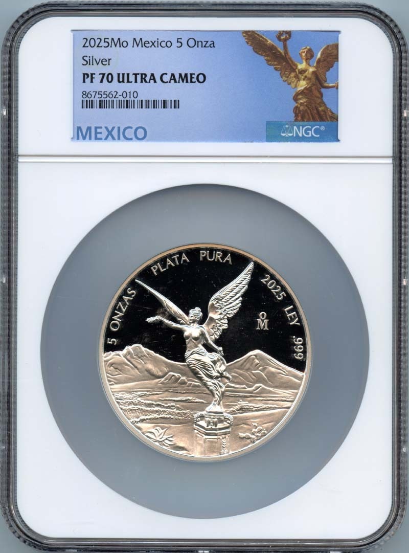 PR70UC 2025Mo-MEXICO LIBERTAD Silver 5 Onza NGC: PR70UC 2025Mo-MEXICO LIBERTAD Silver 5 Onza NGC Experience the beauty of Mexico's 2025 Libertad Silver 5 Onza coin, certified by NGC as PR70UC. This stunning piece is an uncirculated specimen, showcas