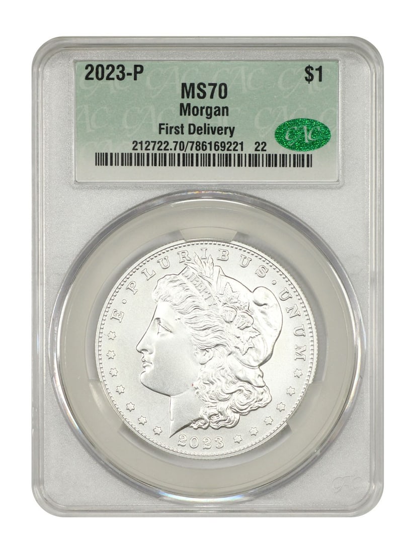 2023-P First Delivery CACG MS70 Morgan Dollar: 2023-P First Delivery CACG MS70 Morgan Dollar Get ready to add a touch of history to your collection with the 2023-P First Delivery CACG MS70 Morgan Dollar, one of the rarest and most sought-after coi
