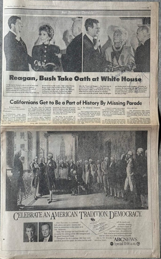 George H.W. Bush & Barbara Bush Autographed San Francisco Chronicle Newspaper: George H.W. Bush & Barbara Bush Autographed San Francisco Chronicle Newspaper Meet the iconic duo, George H.W. Bush and Barbara Bush, in a rare and remarkable piece of American history - an autographe