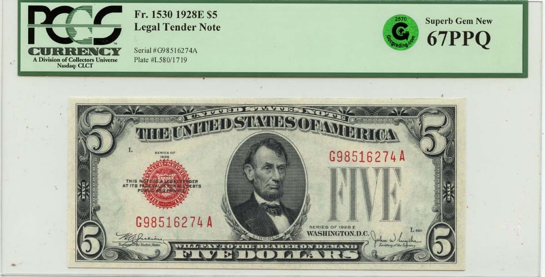 1928E $5 Legal Tender, PCGS Superb Gem 67 PPQ, GCC Green: 1928E $5 Legal Tender, PCGS Superb Gem 67 PPQ, GCC Green A stunning example of American currency, this 1928E $5 Legal Tender is certified by PCGS as a Superb Gem MS67 PPQ, boasting exceptional conditi
