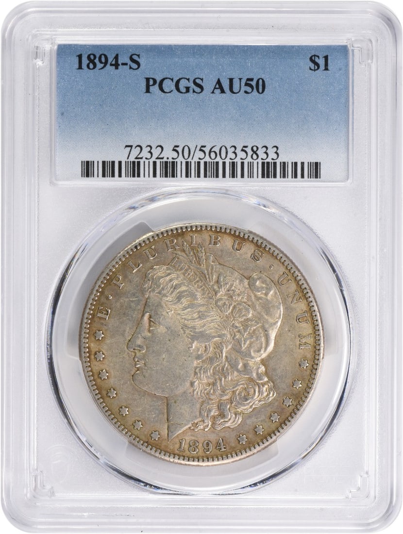 1894-S Morgan Silver Dollar - PCGS AU50: 1894-S Morgan Silver Dollar - PCGS AU50 Experience the beauty and rarity of the 1894-S Morgan Silver Dollar, certified by PCGS as AU50. This stunning coin is one of only a few circulated examples from