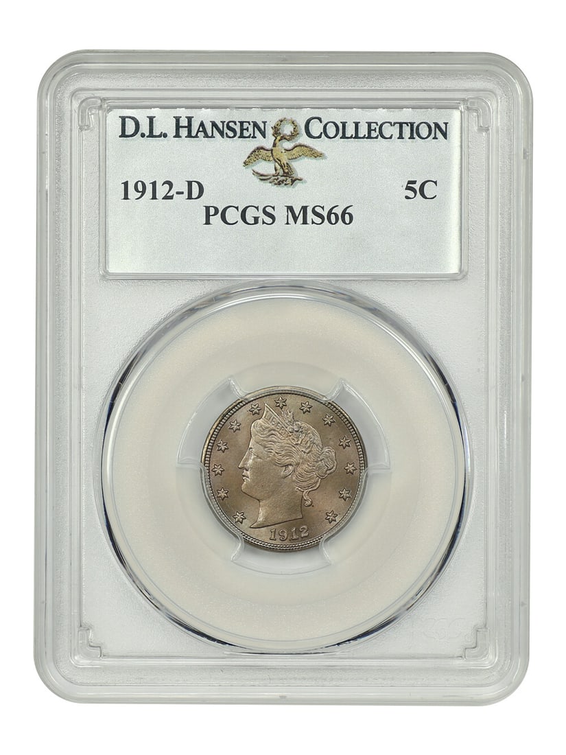 1912-D 5C MS66 PCGS Ex D.L. Hansen: 1912-D 5C MS66 PCGS Ex D.L. Hansen Experience the majesty of the 1912-D Liberty Nickel, certified MS66 by PCGS and graded uncirculated. With its stunning strike and exceptional condition, this coin is
