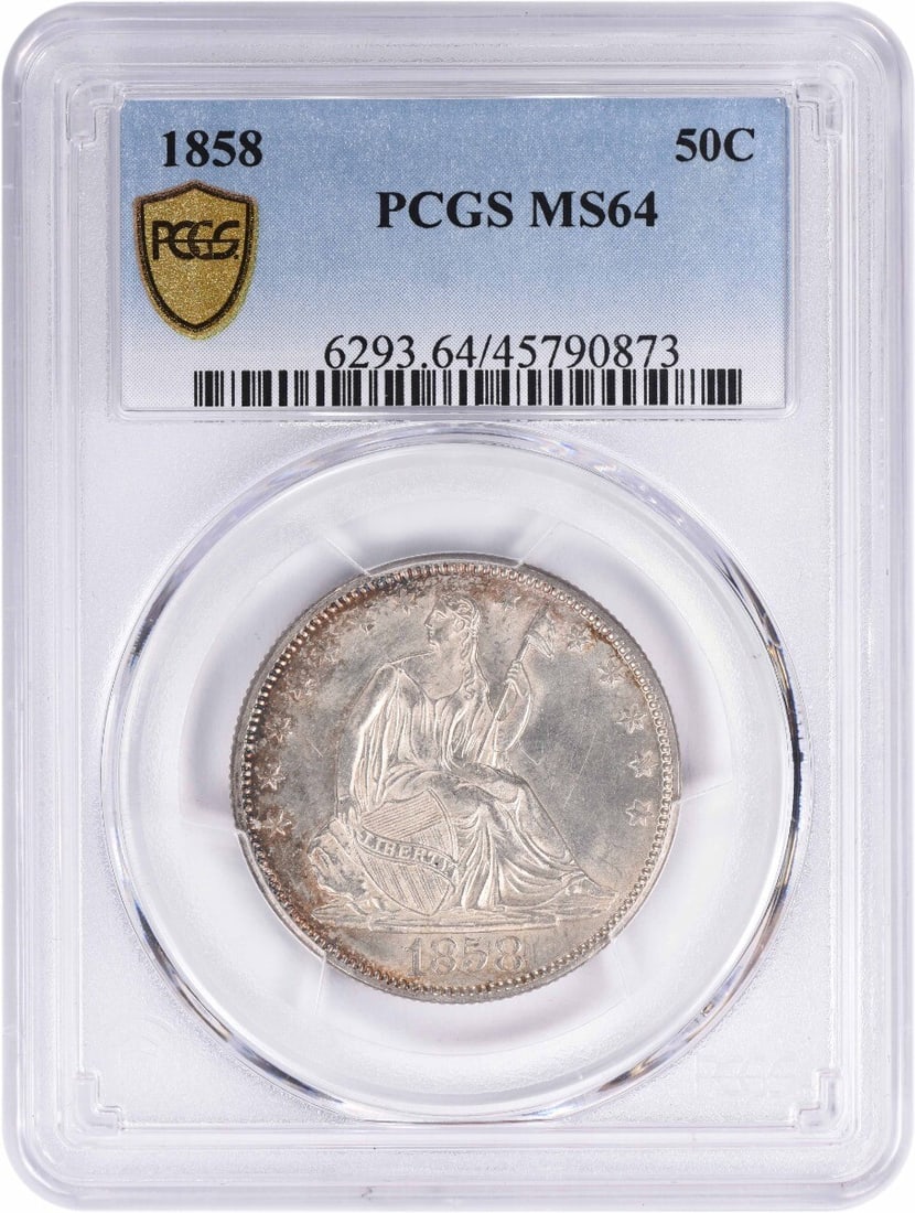 PCGS 1858 Liberty Seated Silver Half Dollar MS64: PCGS 1858 Liberty Seated Silver Half Dollar MS64 Experience the rich history of American numismatics with this stunning PCGS MS64 1858 Liberty Seated Silver Half Dollar, featuring the iconic Seated Li