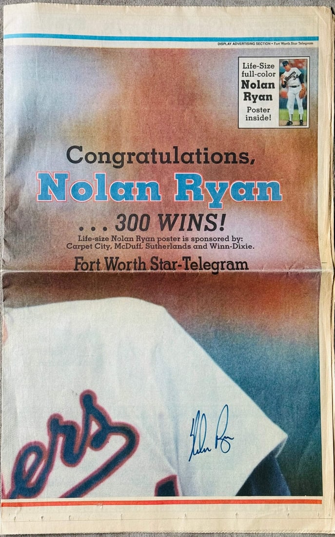 Telegram Nolan Ryan Autographed Fort Worth Star: Telegram Nolan Ryan Autographed Fort Worth Star Own a piece of baseball history with this rare autographed Fort Worth Star, commemorating Nolan Ryan's historic 300th win. The newspaper is signed in bl