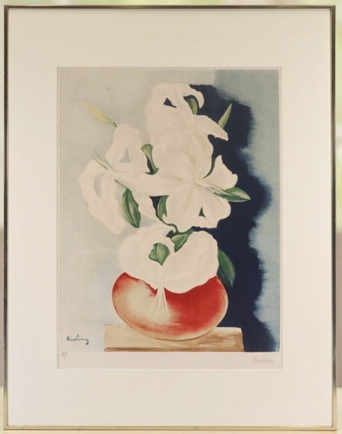 Mois Kisling White Lilies 1952 Limited Lithograph Signed by Jean Ed: Mois Kisling White Lilies 1952 Limited Lithograph Signed by Jean Ed A stunning example of modernist art, this 1952 limited lithograph by Moise Kisling showcases the artist's unique style and technique