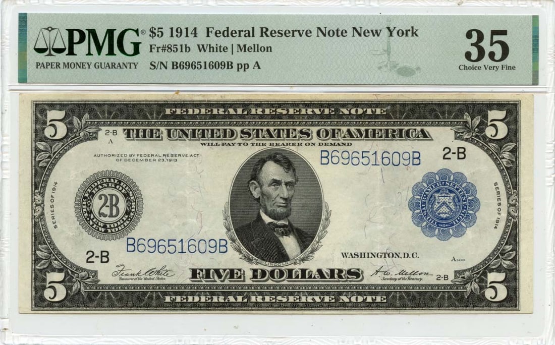 VF35 1914 $5 Federal Reserve Note New York FR#851b PMG: VF35 1914 $5 Federal Reserve Note New York FR#851b PMG A rare and highly sought-after 1914 $5 Federal Reserve Note, graded VF35 by PMG, boasts stunning condition with minimal wear, making it a prized