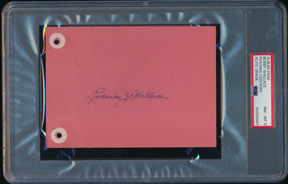 Bobby Wallace HOF Signed 6x4.5 Album Page (PSA/ DNA NM-MT 8): Bobby Wallace HOF Signed 6x4.5 Album Page (PSA/ DNA NM-MT 8) Get ready to showcase your baseball collection with the autograph of Hall of Famer Bobby Wallace, signed on a premium 6x4.5 album page that