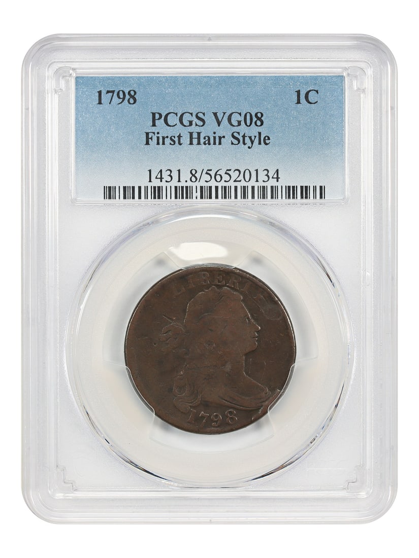 Draped Bust Cent - 1798 1C PCGS VG08 (1st Hair Style): Draped Bust Cent - 1798 1C PCGS VG08 (1st Hair Style) Experience the earliest days of American coinage with this 1798 Draped Bust Cent, graded VG08 by PCGS. As one of the first coins minted in Philade