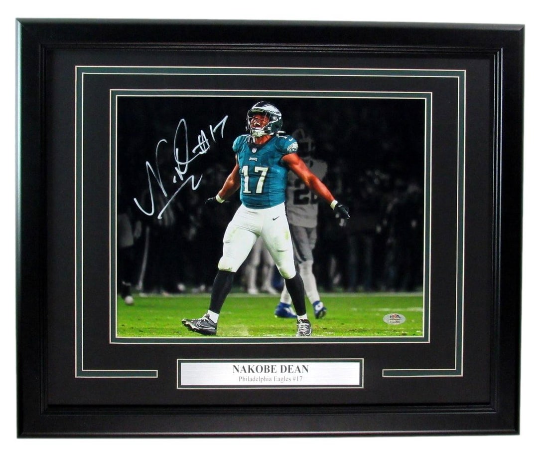 193993 Nakobe Dean Autographed 11x14 Photo Framed Philadelphia Eagles PSA/ DNA: 193993 Nakobe Dean Autographed 11x14 Photo Framed Philadelphia Eagles PSA/ DNA Get ready to show off your Eagles pride with this incredible autographed photo of Nakobe Dean, the talented linebacker wh