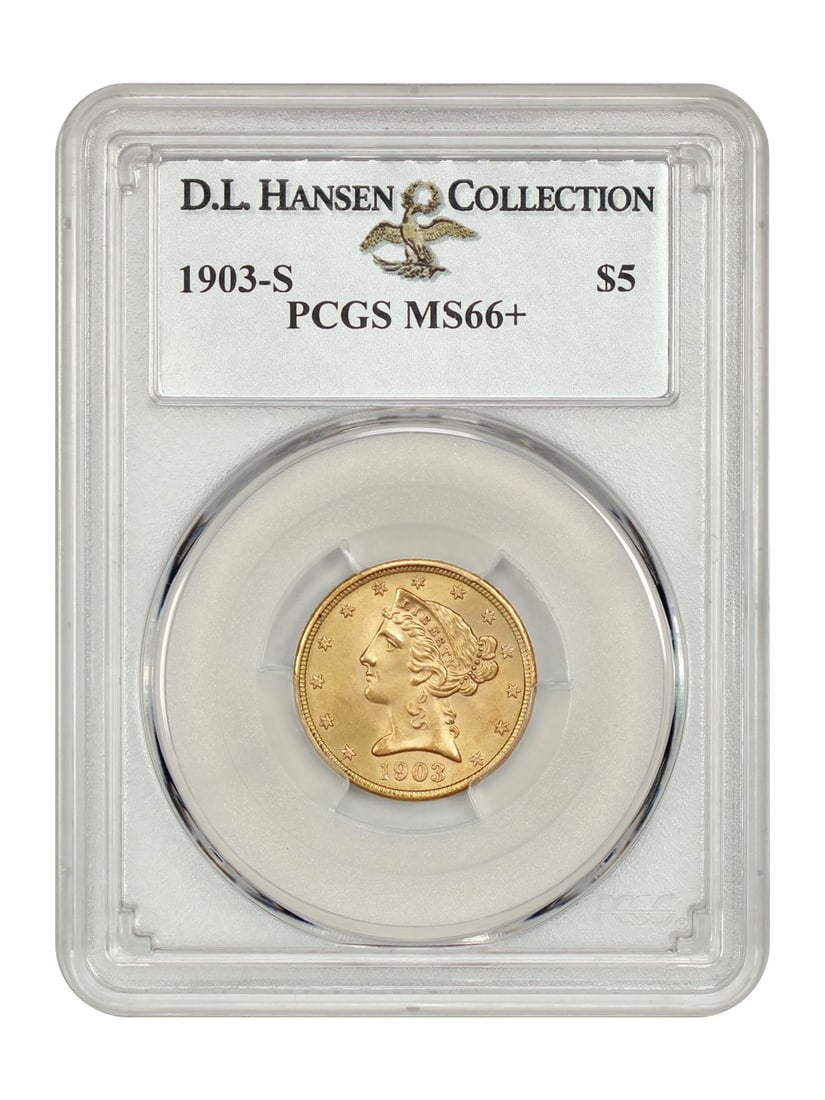 1903-S $5 Liberty Head, PCGS MS66+, ex-D.L. Hansen: 1903-S $5 Liberty Head, PCGS MS66+, ex-D.L. Hansen Experience the majesty of the 1903-S $5 Liberty Head, certified by PCGS as MS66+, with a rich history tied to renowned collector D.L. Hansen. This st
