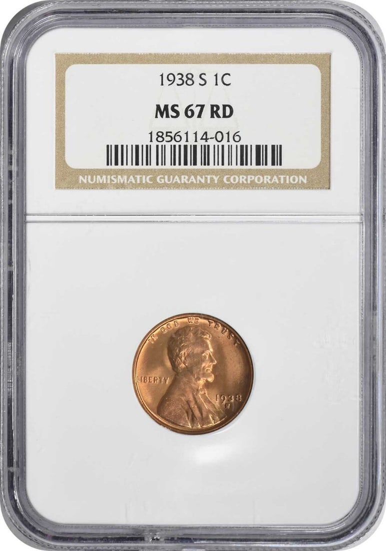NGC 1938-S/ S Lincoln Cent RPM 3 MS67RED: NGC 1938-S/ S Lincoln Cent RPM 3 MS67RED Experience the iconic Lincoln Wheat cent in stunning MS67RED condition, certified by the renowned NGC grading service. This 1938-S San Francisco minted coin bo