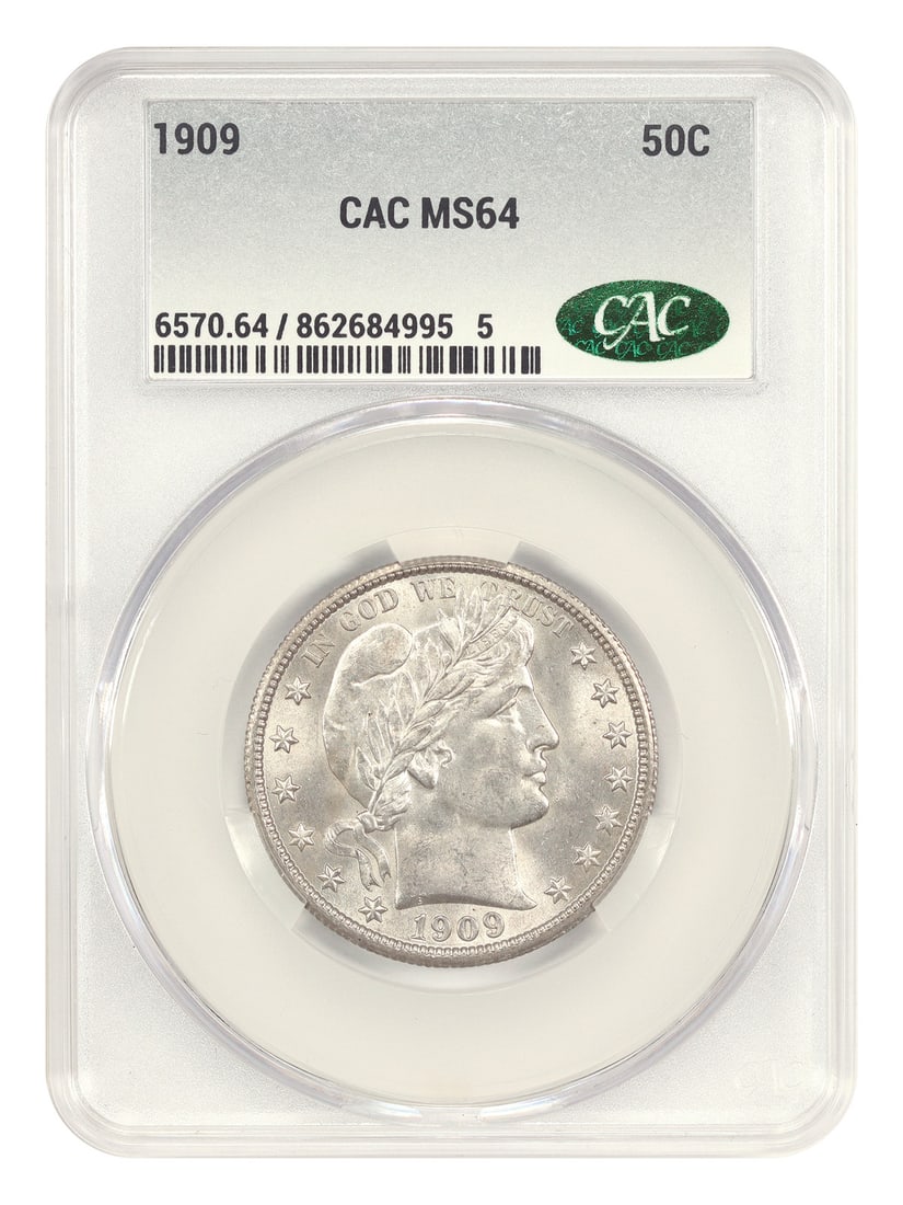 Barber Half Dollar 1909 50C CACG MS64: Barber Half Dollar 1909 50C CACG MS64 The 1909 Barber Half Dollar, graded MS64 by CACG, is an exceptional example of early American numismatics. With its high grade and Philadelphia mint mark, this co