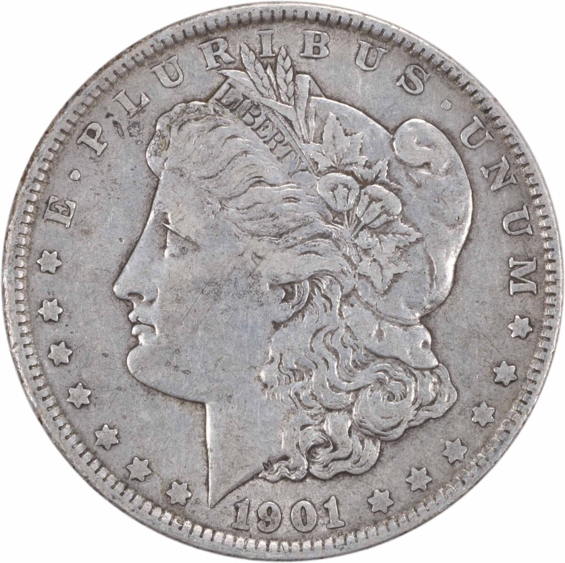 Uncertified 1901 Morgan Silver Dollar EF: Uncertified 1901 Morgan Silver Dollar EF Get your hands on a rare and beautiful 1901 Morgan Silver Dollar, certified EF (Extremely Fine) condition, with its 90% silver composition and reeded edge addi