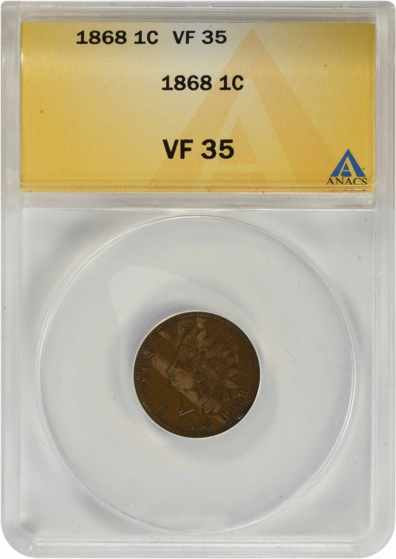 ANACS 1868 Indian Cent VF35: ANACS 1868 Indian Cent VF35 Up for auction is a rare and highly sought-after 1868 Indian Cent, graded VF35 by the esteemed ANACS organization. This circulated coin boasts stunning details of James Bar