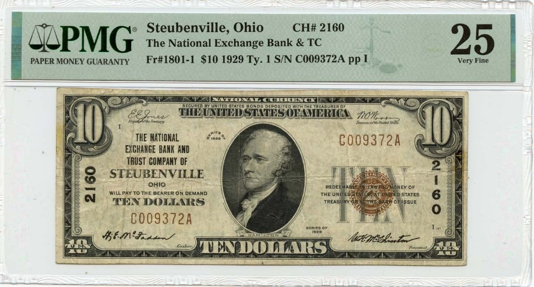 VF25 1929 Ty. 1 $10 National Bank Ex .Steubenville OH CH# 2160 PMG: VF25 1929 Ty. 1 $10 National Bank Ex .Steubenville OH CH# 2160 PMG Up for auction is a rare 1929 $10 National Bank Note, graded VF25 by PMG, with a unique serial number (CH#2160) from Steubenville, Oh