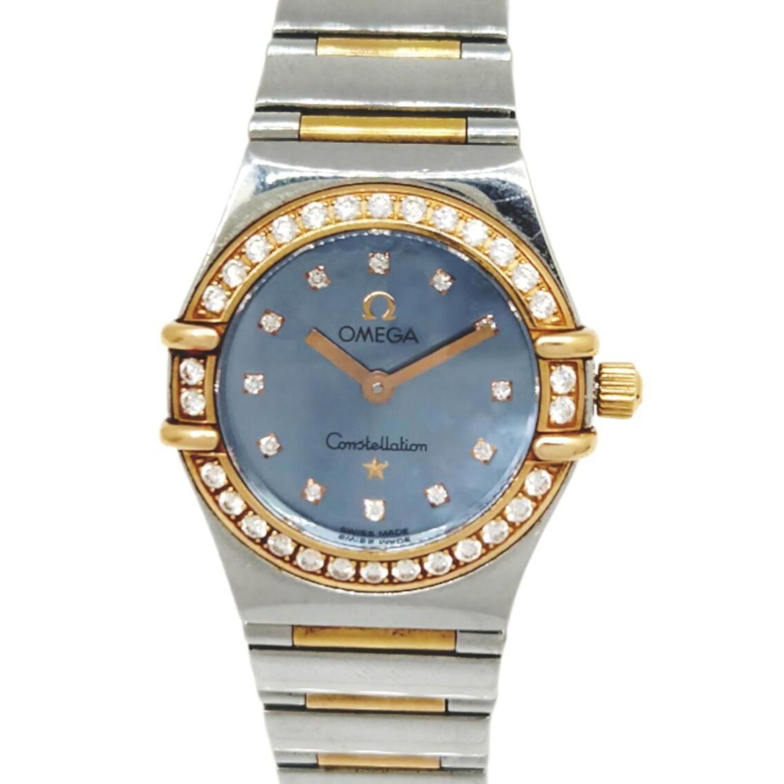 Wristwatch Omega: Wristwatch Omega A stunning pink gold Omega wristwatch, complete with a blue shell dial and stainless steel band, adds a touch of elegance to any outfit. With its 22mm case diameter and comfortable 17
