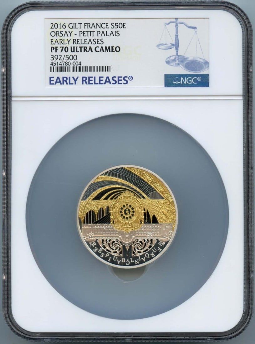 PETIT PALAIS ER S S50E NGC PR70DCAM - 2016 GILT FRANCE ORSAY: PETIT PALAIS ER S S50E NGC PR70DCAM - 2016 GILT FRANCE ORSAY Experience the elegance of France with this stunning 2016 Gilt Orsay coin, certified by NGC as PR70DCAM. As one of the most renowned design