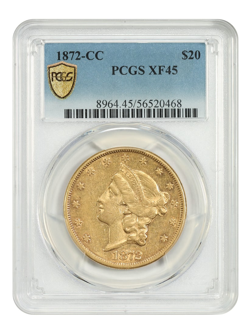 Liberty Head $20 (1872-CC) PCGS XF45: Liberty Head $20 (1872-CC) PCGS XF45 A rare and highly sought-after $20 gold coin, the 1872-CC Liberty Head is a stunning example of early American numismatics. Certified by PCGS as an XF45, this circ