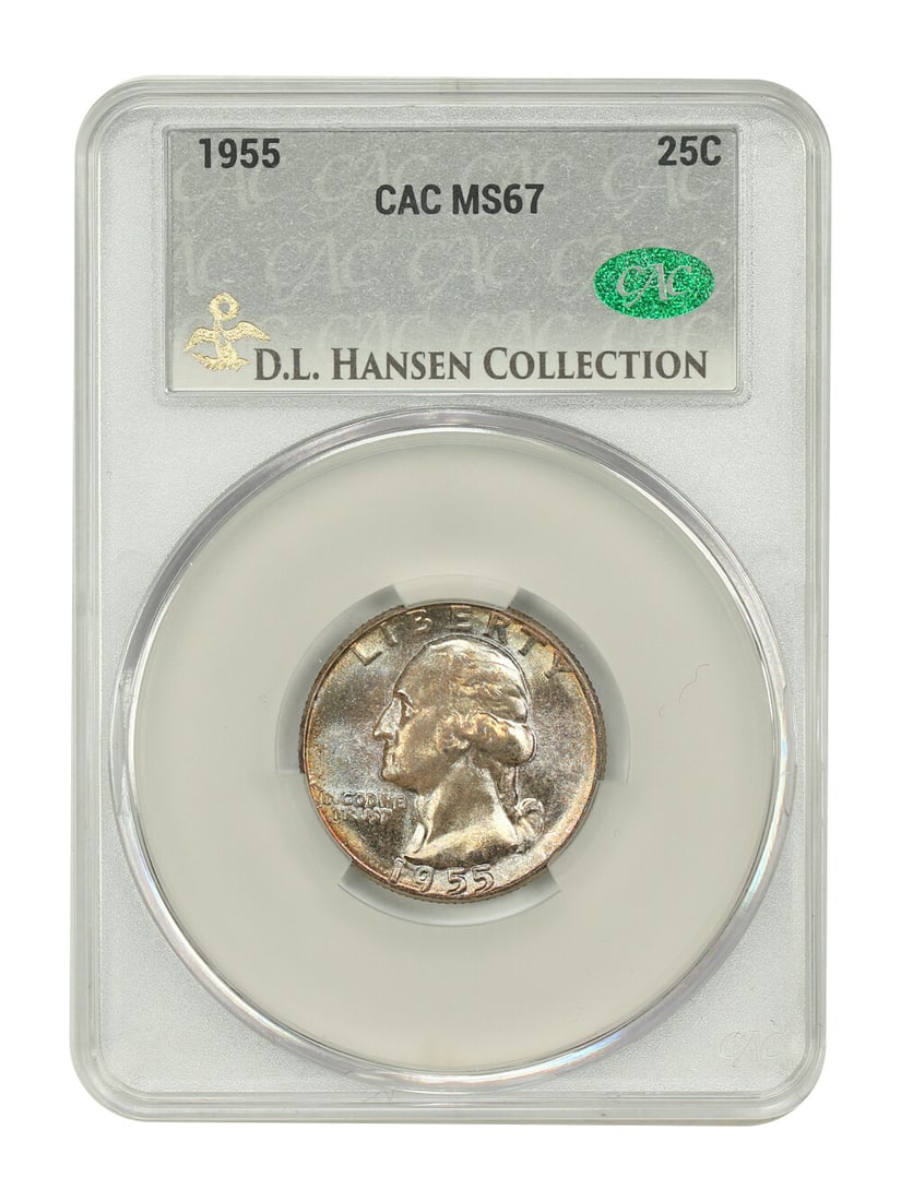 1955 Washington Quarter MS67 CACG Ex: D.L. Hansen: 1955 Washington Quarter MS67 CACG Ex: D.L. Hansen Rarity and condition come together in this stunning 1955 Washington Quarter, graded MS67 by the CACG and certified as uncirculated. As an Ex-D.L. Hans