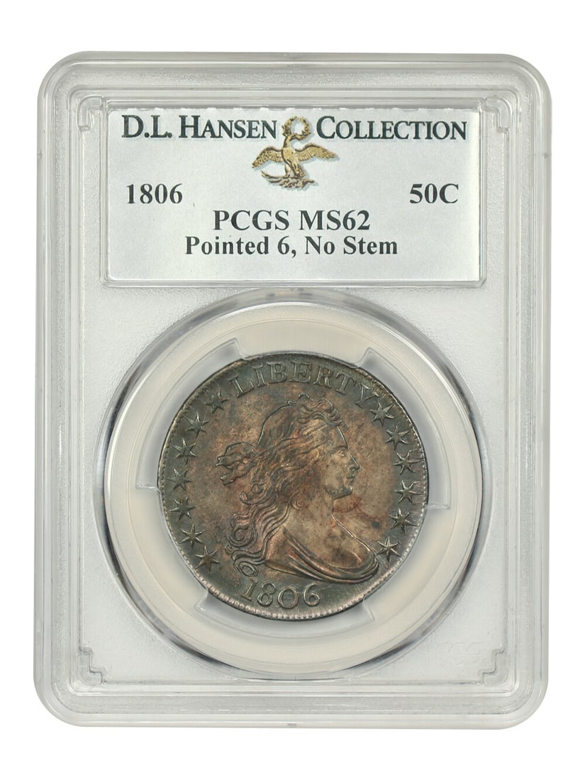 No Stem) ex: D.L. Hansen - 1806 50C PCGS MS62 (Pointed 6: No Stem) ex: D.L. Hansen - 1806 50C PCGS MS62 (Pointed 6 A stunning example of American numismatics, this 1806 half dollar boasts a PCGS MS62 grade and is certified by the prestigious Professional Coi