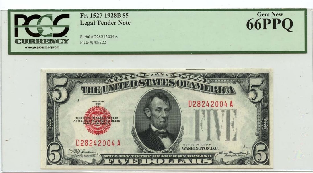 PPQ 1928B $5 Legal Tender FR#1527 PCGS Gem MS66: PPQ 1928B $5 Legal Tender FR#1527 PCGS Gem MS66 A stunning example of American currency, the 1928B $5 Legal Tender note is certified by PCGS as MS66 Uncirculated, boasting exceptional condition and ra