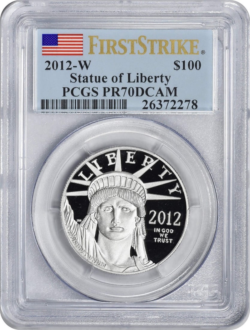 PCGS 2012-W $100 American Platinum Eagle PR70DCAM First Strike: PCGS 2012-W $100 American Platinum Eagle PR70DCAM First Strike A rare and highly sought-after addition to any serious coin collection, the PCGS 2012-W $100 American Platinum Eagle PR70DCAM First Strik